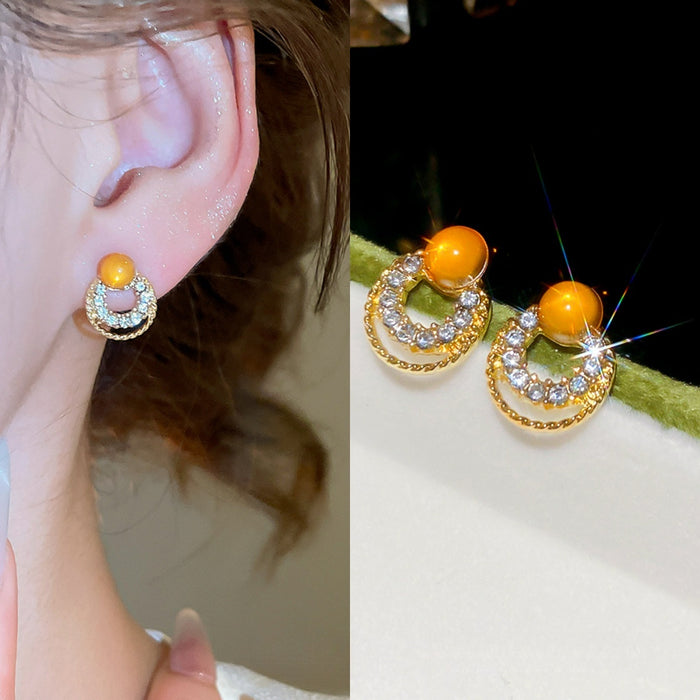 French Court Style Cat Eye Stone Geometric Round Hoop Earrings With Rhinestone Silver Pins