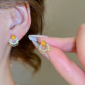 French Court Style Cat Eye Stone Geometric Round Hoop Earrings With Rhinestone Silver Pins view 3
