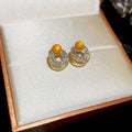 French Court Style Cat Eye Stone Geometric Round Hoop Earrings With Rhinestone Silver Pins view 2