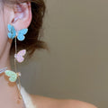 Copper Zircon Enamel Butterfly Tassel Drop Earrings With Silver Pins Sweet Elegant Style view 3