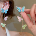Copper Zircon Enamel Butterfly Tassel Drop Earrings With Silver Pins Sweet Elegant Style view 1