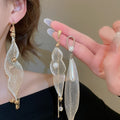 Court Style Faux Pearl Teardrop Tassel Drop Earrings With Silver Pin Grid Pendant Design view 3