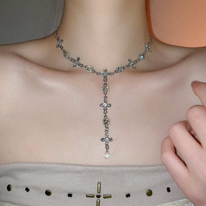 Light Luxury Alloy Rhinestone Cross Waterdrop Pendant Crystal Sweater Necklace For Women