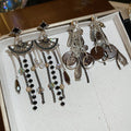 Dark Gothic Alloy Crystal Flower Teardrop Tassel Drop Earrings With Silver Needle view 2