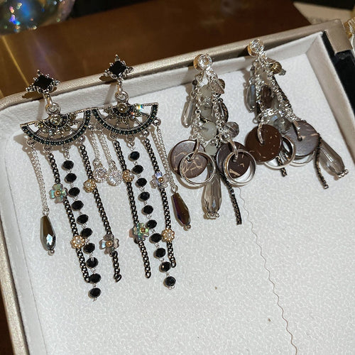 Dark Gothic Alloy Crystal Flower Teardrop Tassel Drop Earrings With Silver Needle