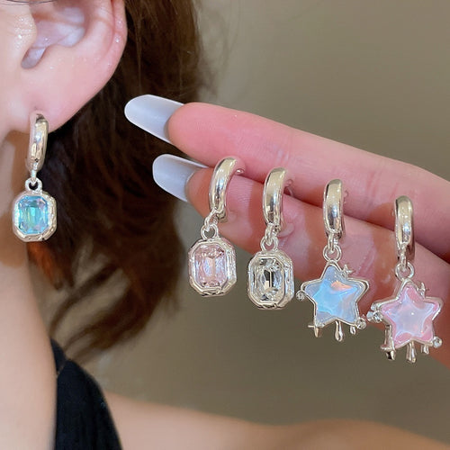 Sweet Resin Star Rhinestone C-Shaped Drop Earrings With Silver Needle Posts