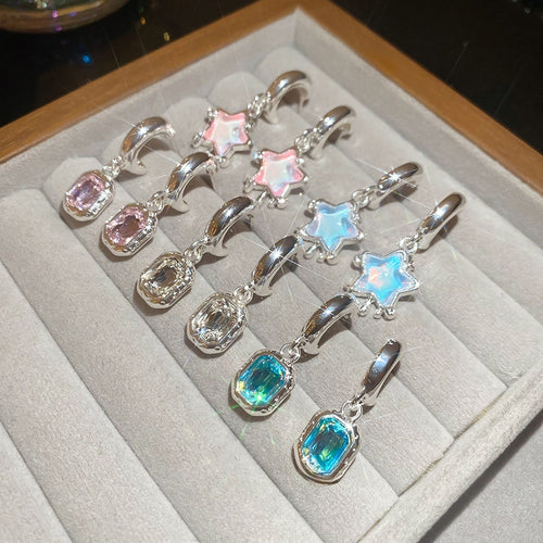 Sweet Resin Star Rhinestone C-Shaped Drop Earrings With Silver Needle Posts
