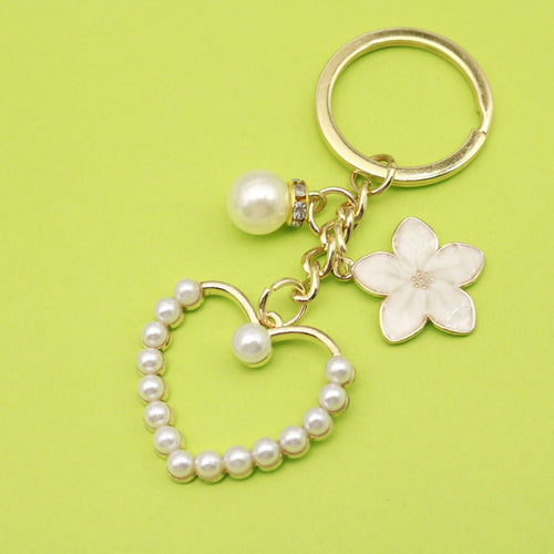 Metal Pearl Peach Heart Keychain Phone Chain Bag Charm Gift