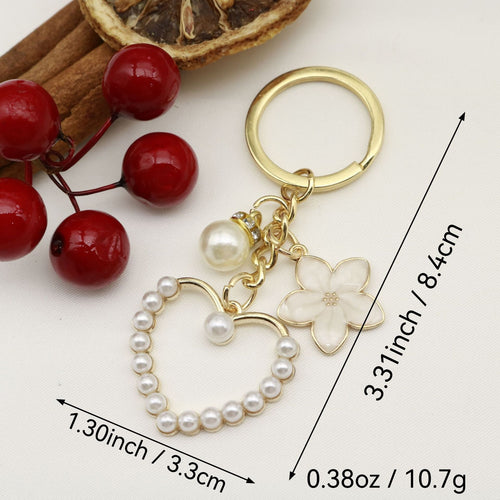 Metal Pearl Peach Heart Keychain Phone Chain Bag Charm Gift