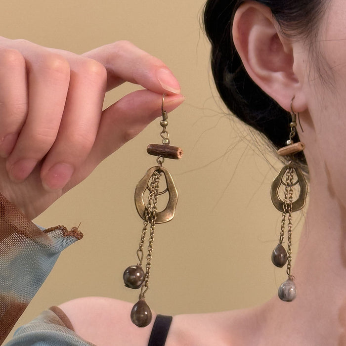 Wooden Irregular Round Tassel Drop Earrings Vintage Ethnic Geometric Ear Hook Jewelry For Women