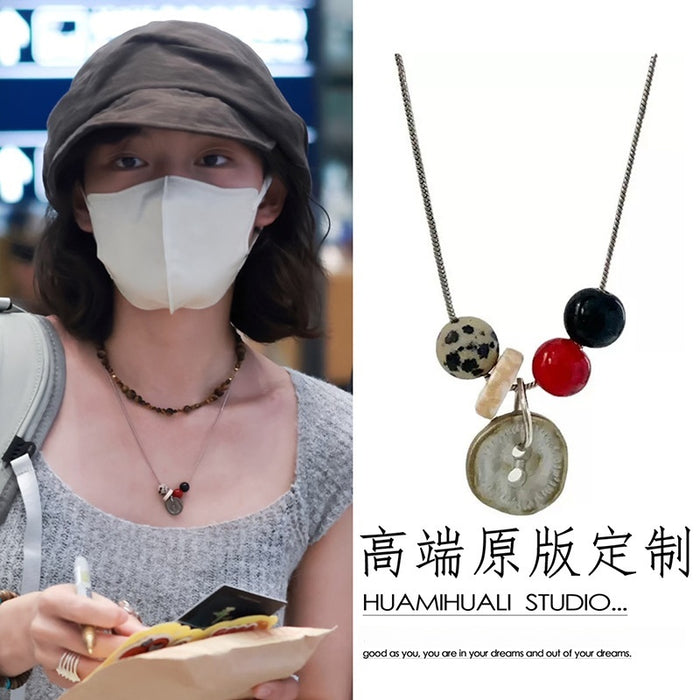 Vacation Style Spotted Stone Beaded Button Pendant Necklace Vintage Minimalist Geometric Round Charm