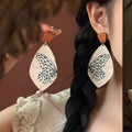 Ethnic Vintage Wooden Butterfly Print Waterdrop Pendant Drop Earrings With Silver Pins view 3