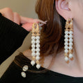 Silver Pin Faux Pearl Geometric Round Double Layer Tassel Drop Earrings Court Style For Women view 1