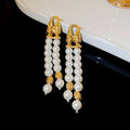 Silver Pin Faux Pearl Geometric Round Double Layer Tassel Drop Earrings Court Style For Women view 2