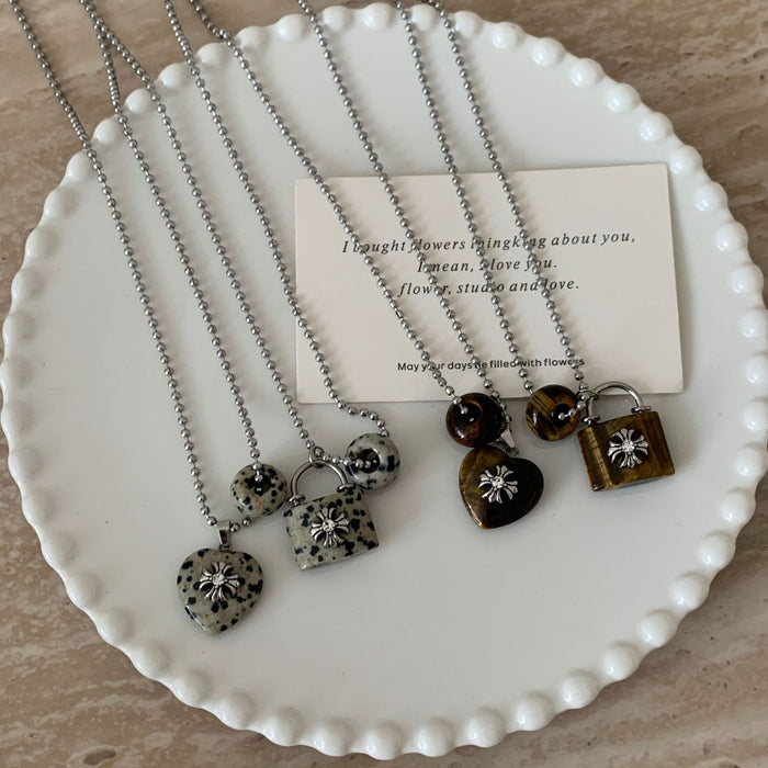 Stainless Steel Rhinestone Cross Heart Spotted Stone Pendant Ethnic Clavicle Necklace