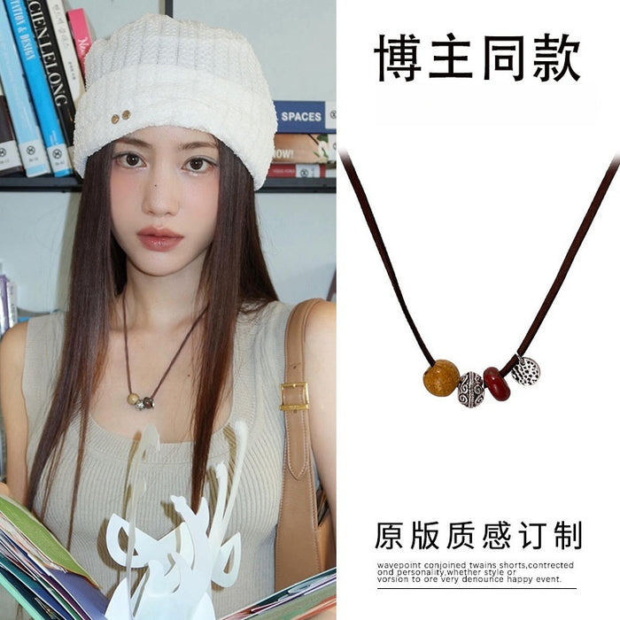 Light Luxury New Chinese Style Alloy Round Beaded Braided Rope Sweater Necklace For Women
