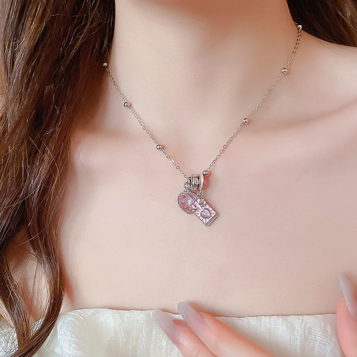 Light Luxury Alloy Rhinestone Enamel Heart Square Pendant Necklace For Women