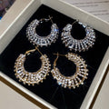 Elegant Copper Hoop Earrings With Silver Pins, Sparkling Rhinestone Hollow Round Design view 3