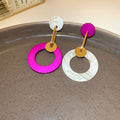 Acrylic Faux Wood Geometric Hoop Drop Earrings With Silver Pins, Asymmetric Colorblock Niche Style view 4