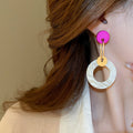 Acrylic Faux Wood Geometric Hoop Drop Earrings With Silver Pins, Asymmetric Colorblock Niche Style view 3