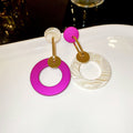 Acrylic Faux Wood Geometric Hoop Drop Earrings With Silver Pins, Asymmetric Colorblock Niche Style view 2