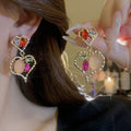 Vintage Light Luxury Copper Heart Geometric Rhinestone Stud Earrings European Court Style view 3