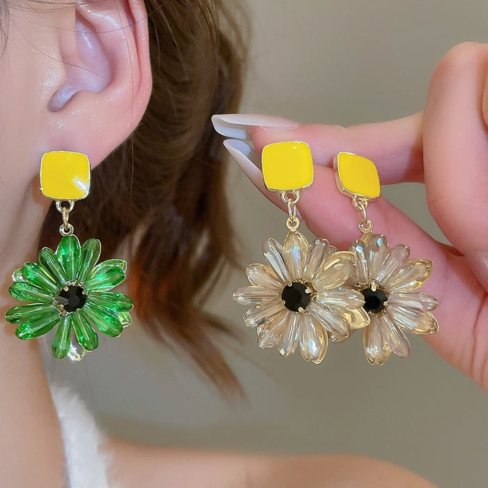 Silver Needle Crystal Flower Drop Earrings, Light Luxury Floral Vacation Style Ear Jewelry
