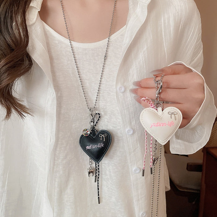 Vacation Style Leather Cotton Cord Necklace With Stainless Steel Heart Bow Tooth Pendant