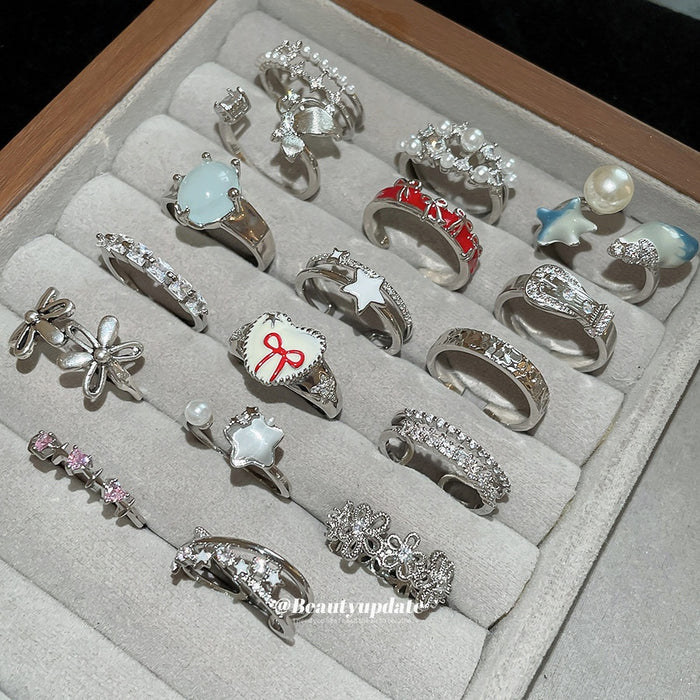Light Luxury Copper Zircon Hollow Flower Bow Star Geometric Index Finger Ring For Women