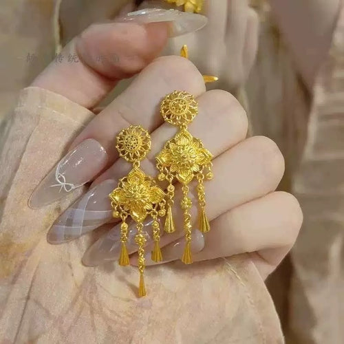 Alloy Silver Needle Geometric Floral Teardrop Tassel Drop Earrings French Court Style