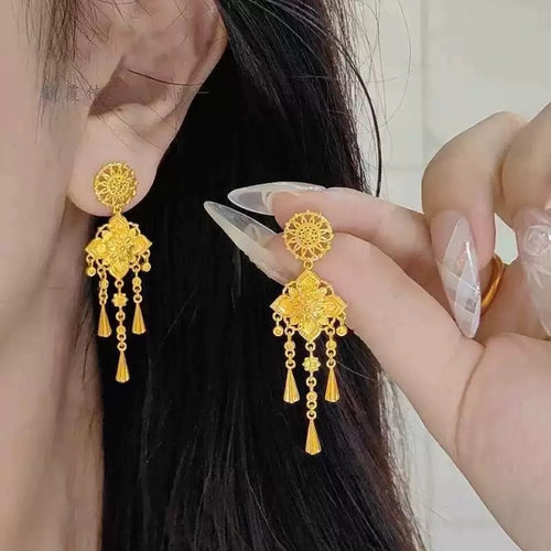 Alloy Silver Needle Geometric Floral Teardrop Tassel Drop Earrings French Court Style