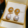 14K Gold Plated Zircon Flower Swirl Faux Pearl Court Style Stud Earrings view 4