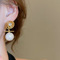 14K Gold Plated Zircon Flower Swirl Faux Pearl Court Style Stud Earrings view 3
