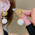 14K Gold Plated Zircon Flower Swirl Faux Pearl Court Style Stud Earrings view 1