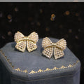 Light Luxury Bow Stud Earrings With Faux Pearl Zircon Brushed Silver Needle Court Style For Women view 1