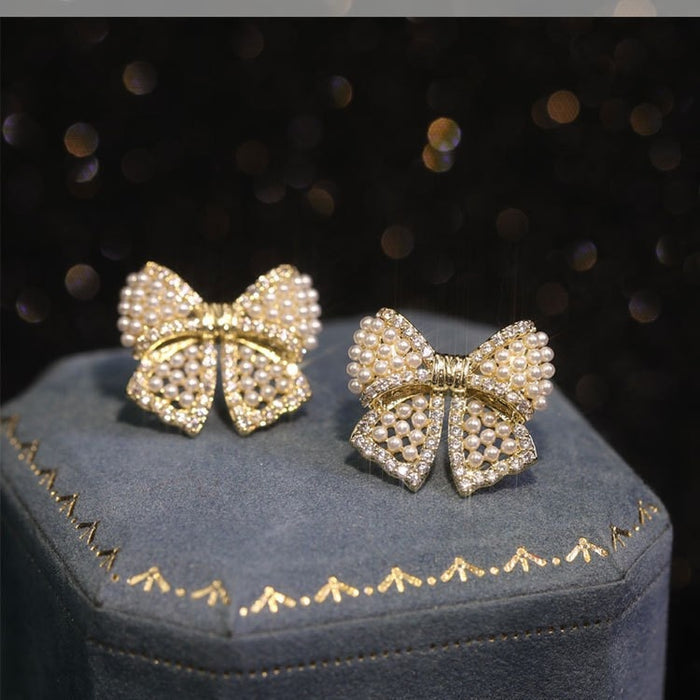 Light Luxury Bow Stud Earrings With Faux Pearl Zircon Brushed Silver Needle Court Style For Women