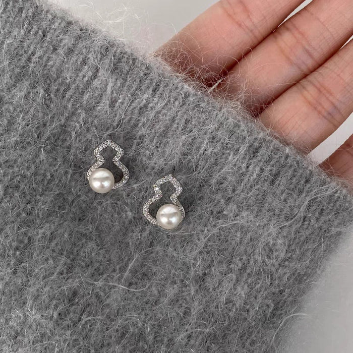 Light Luxury Faux Pearl Gourd Stud Earrings With Sparkling Zircon Geometric Chinese Style