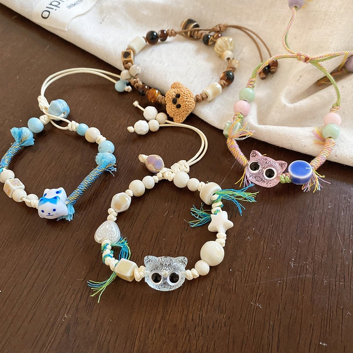 Cute Cartoon Ceramic Cat And Dog Wax Cord Beaded Bracelet For Women