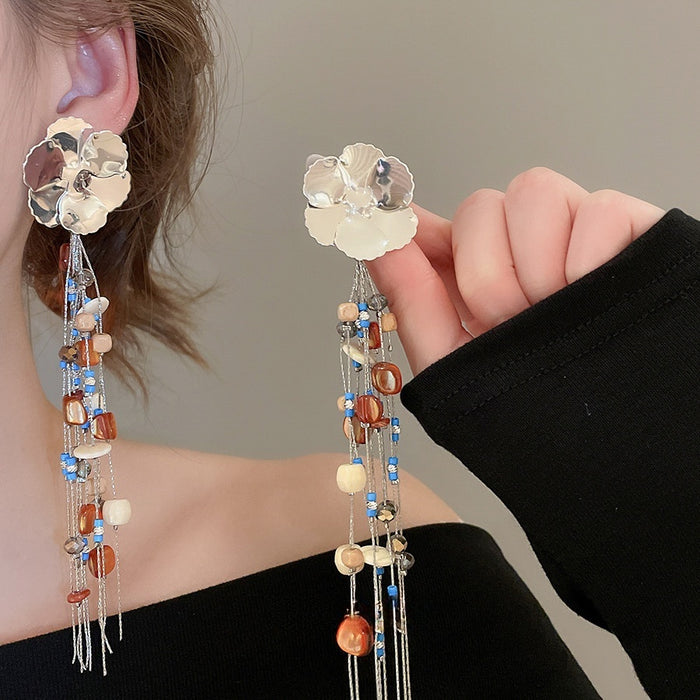 Bohemian Flower Shell Resin Crystal Tassel Drop Earrings With Silver Pins For Women