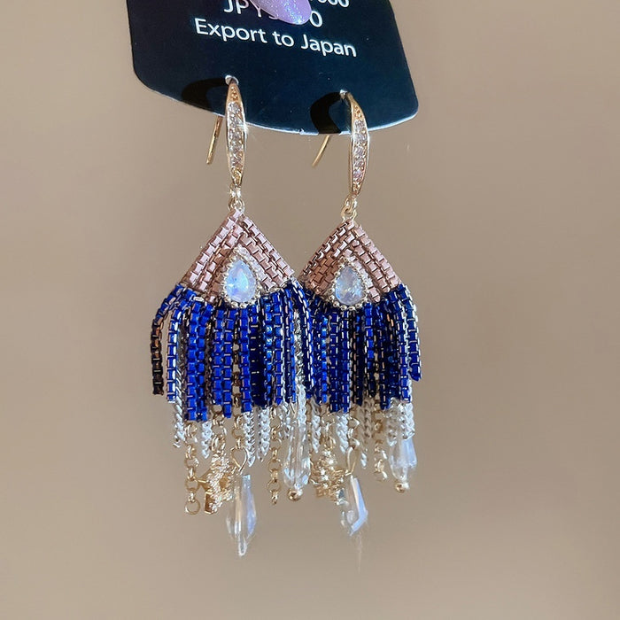 French Court Style Mixed Material Zircon Crystal Teardrop Star Tassel Drop Earrings