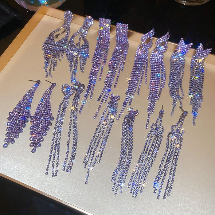 Light Luxury Copper Purple Geometric Heart Rhinestone Tassel Drop Earrings With Silver Posts