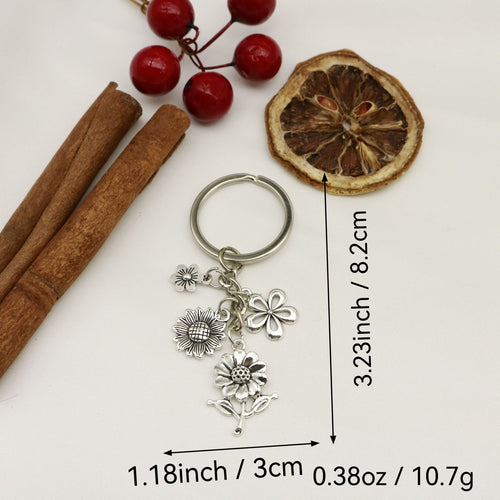 Antique Silver Sunflower Keychain Bag Charm Car Key Ring