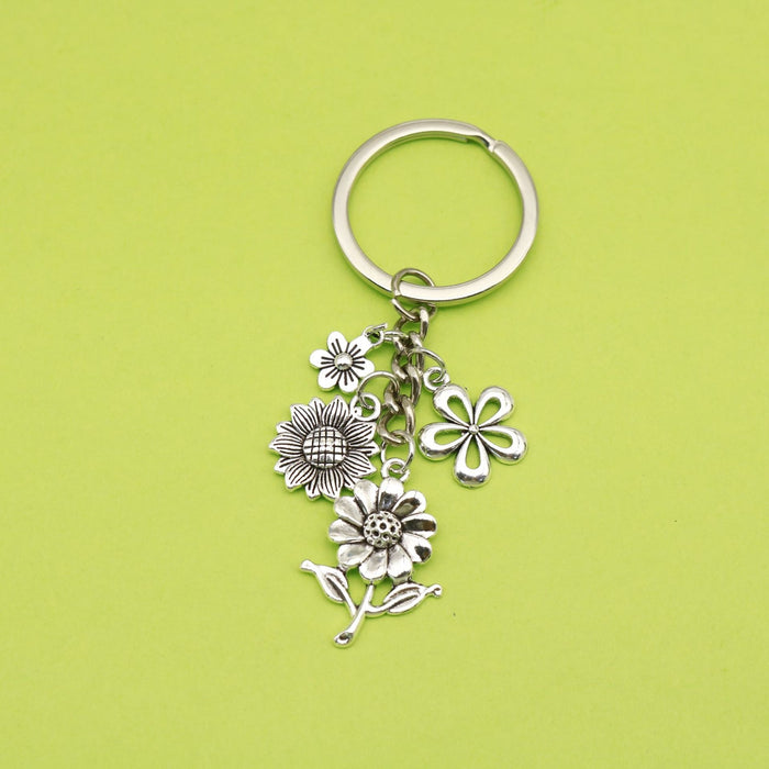 Antique Silver Sunflower Keychain Bag Charm Car Key Ring