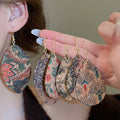 Vintage Ethnic Leather Oval Leaf Print Teardrop Pendant Drop Earrings for Women view 2