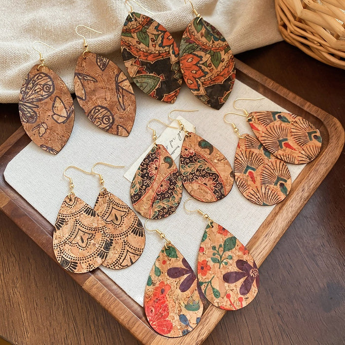 Vintage Ethnic Leather Oval Leaf Print Teardrop Pendant Drop Earrings for Women