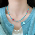 New Chinese Style Turquoise And Rose Pink Natural Stone Layered Necklace For Women Geometric Beaded Choker view 4