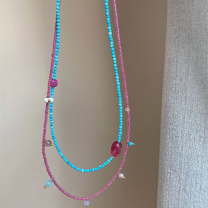 New Chinese Style Turquoise And Rose Pink Natural Stone Layered Necklace For Women Geometric Beaded Choker