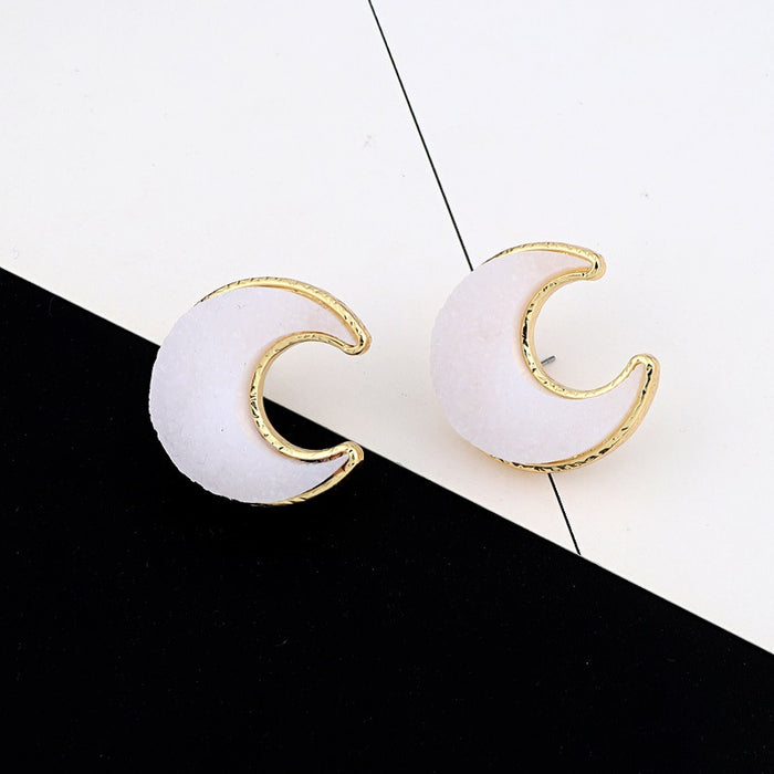 Gold Tone Crescent Moon Crystal Cluster Stud Earrings in Five Colors