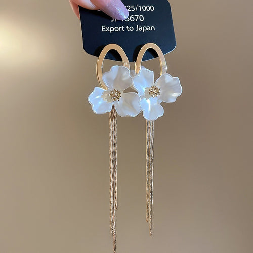 Elegant Faux Pearl Flower Tassel Drop Earrings With Oval Beads And Silver Pin