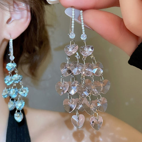 Sparkling Zircon Crystal Heart Tassel Drop Earrings Light Luxury Sweet Elegant Mixed Material Ear Jewelry